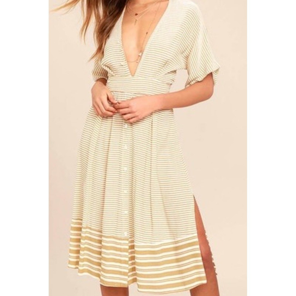 Faithfull The Brand Mustang Beige Striped Midi Dress Open Back Size‎ 4